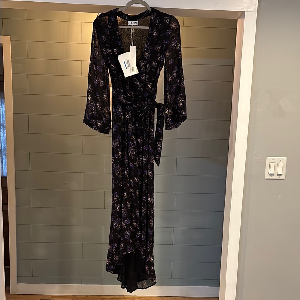 Ganni Black Wrap Gown with V-Neck and Bishop Sleeves